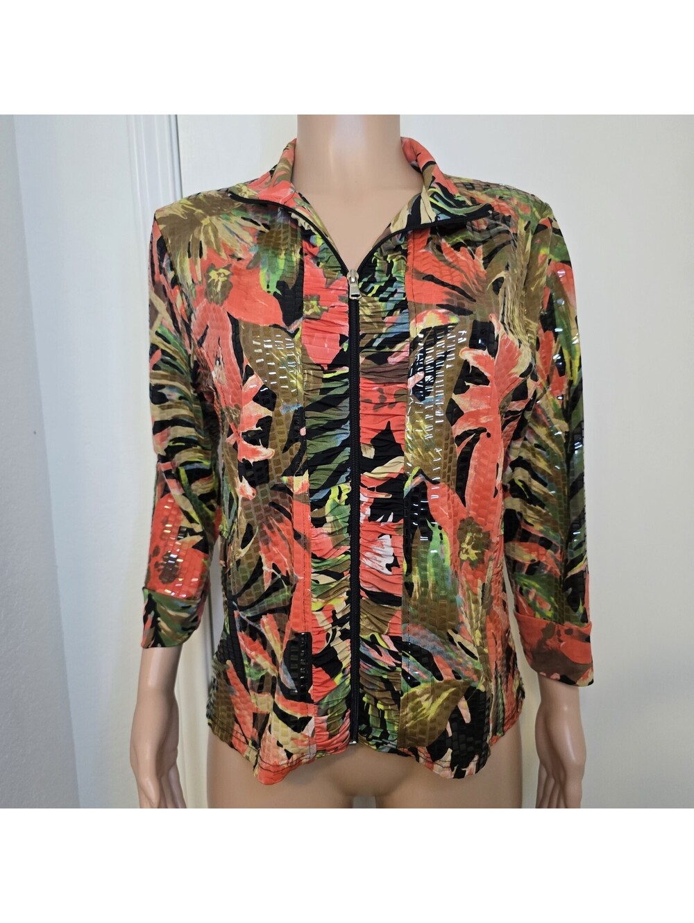 Toni Morgan Jacket Shiny Floral Orange Black Multi Zip Front 3/4 Sleeve Size L